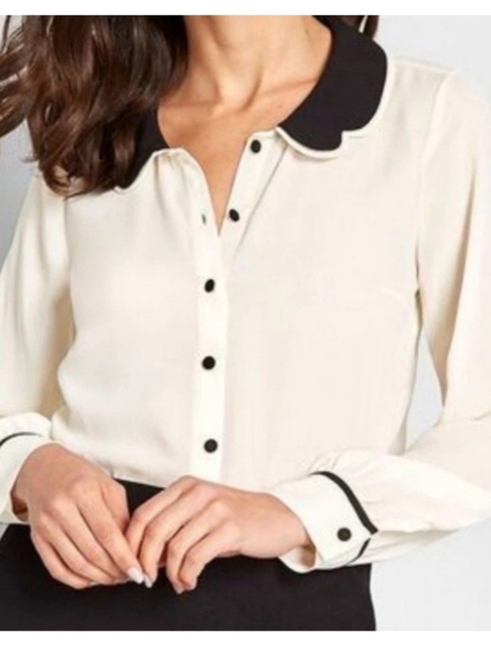 ModCloth blouse scalloped Peter Pam colllar white ivory black trim size XL